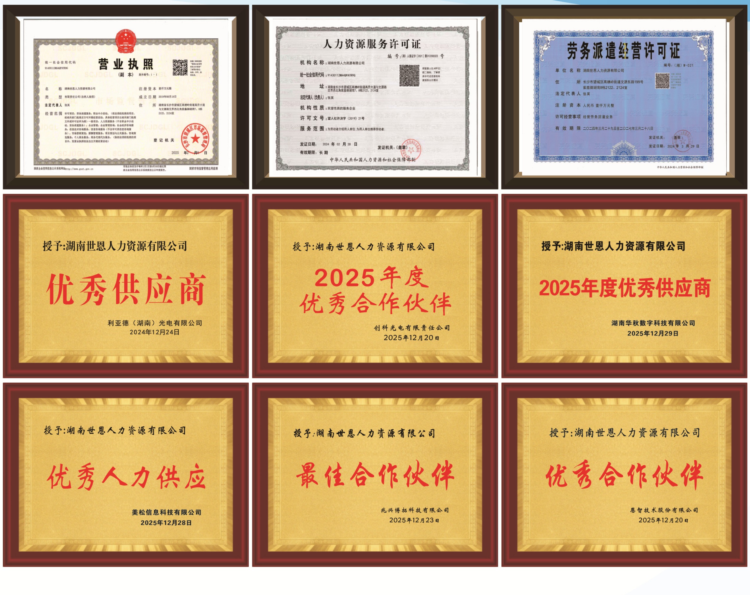湖南世恩人力资源有限公司企业资质与荣誉证书